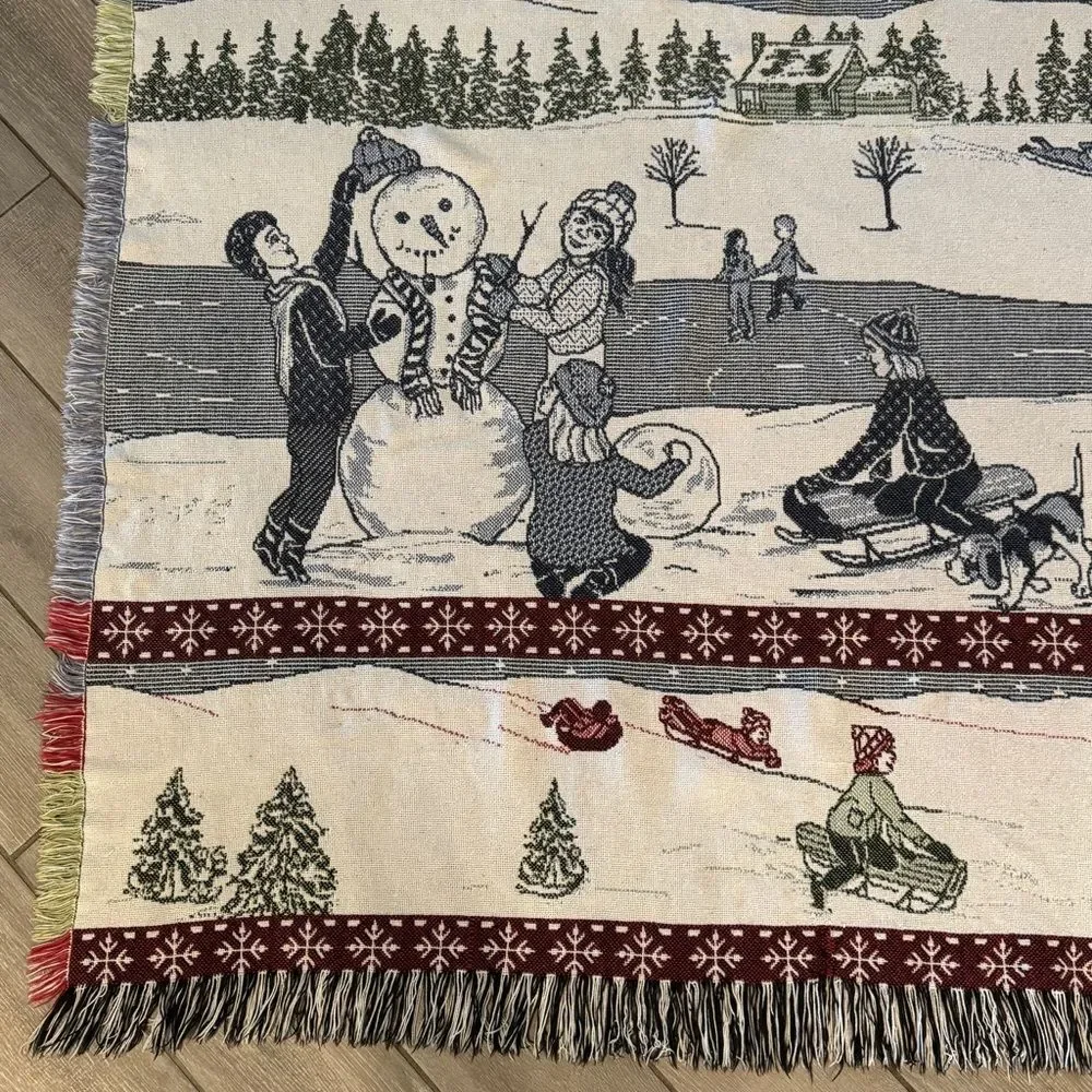 Vintage Winter Scene Snowman Christmas Tapestry Throw Blanket 45x58